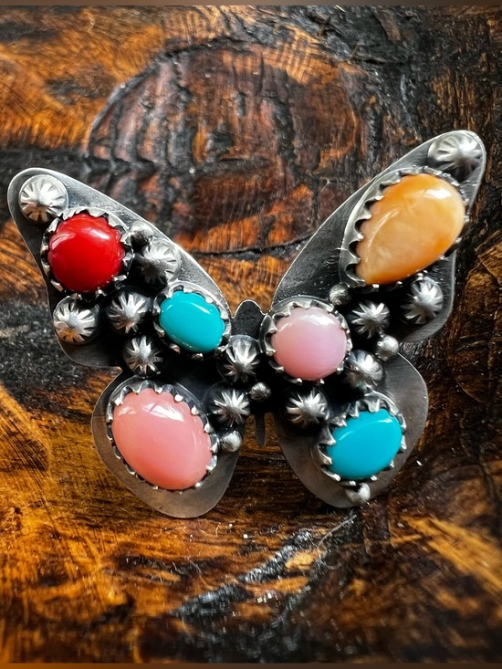 Hand Crafted Jewelry - Sterling Silver Multi Stone Butterfly Ring Size 8 Adjustable